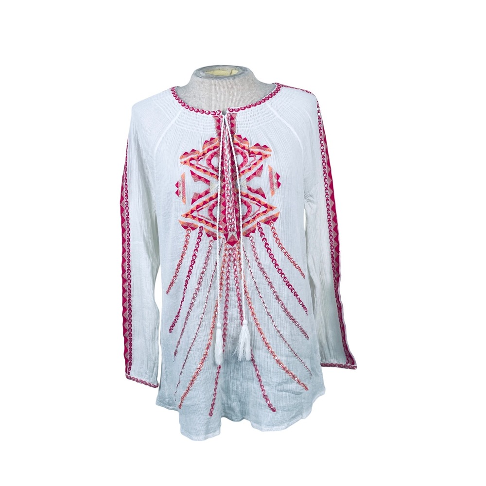 Sundance Womens White Embroidered Cotton Crepe Tassel Boho Blouse Top Medium